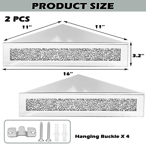 Royxen Corner Floating Shelves 2 Sets, Corner Shelf Wall Mounted Crushed Diamond, Corner Shelves Crystal Mirrored, Float