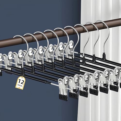 Pants Hangers with Clips Skirt Hangers, 12 Inch 12 Pack, Black