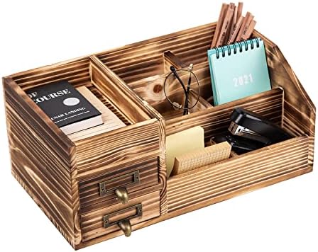 Distressed Rustic Wooden Office Desktop Drawers Organizer Wood Shelf Tabletop Home Organizer Storage with Multiple Compartments,perfect Jewelry storage Display Box for Desk, Vanity (Dark Brown)