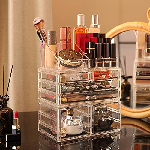 Cq acrylic 3 Pack Clear Make Up Organizers for Vanity,Stackable 6 Drawers Make Up Organizer,Cute Desk Organizer for Vani