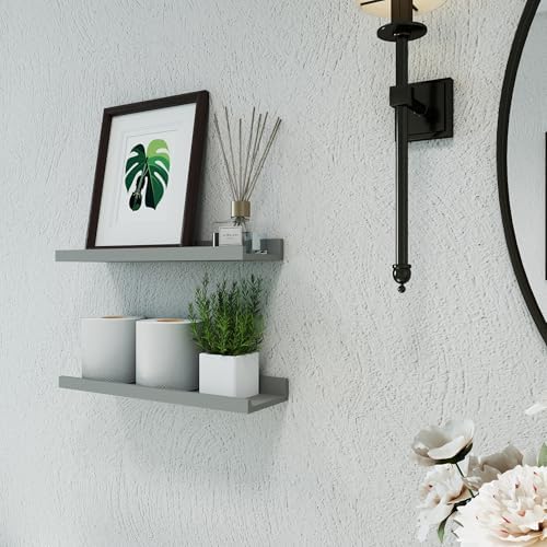 Grey Floating Shelves for Wall Decor, 16 in Shelf with Lip Set of 2