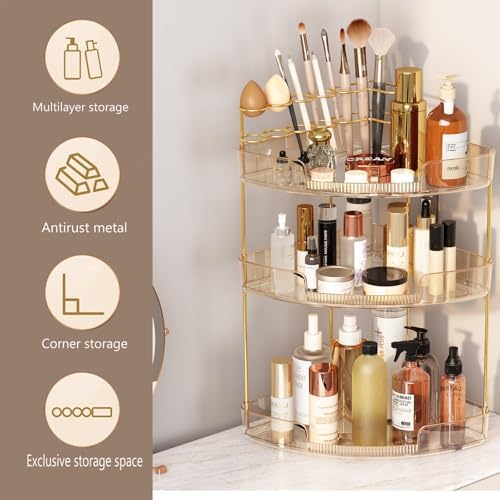 FELIZHOUSE 3-Tier Corner Bathroom Counter Organizer, Bathroom Countertop Shelf Makeup & Skincare Storage with Brush Hold
