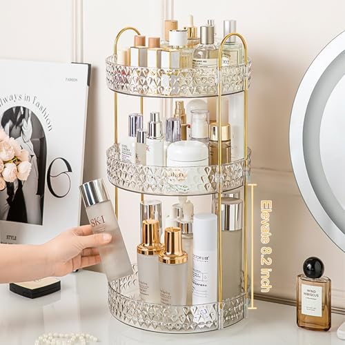 Large Capacity Rotating Makeup Organizer Perfume Stand Holder, 3 Tier Clear