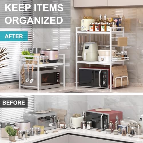 Expandable Microwave Stand Kitchen Countertop Organizer With Storage, White