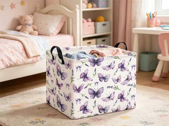 Rectangular Baby Kids Storage Basket for Home Kitchen Girls Cute Toy Storage Bin Organizer Shelf Book Room Decor(Lavender Butterfly)