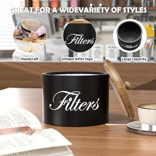 Wooden Coffee Filter Holder with Lid - Round Storage Container for Counter - Rustic Farmhouse Coffee Bar Accessories (Bl