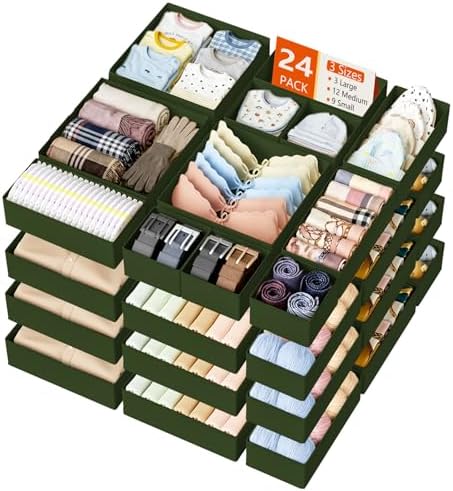 DIMJ Drawer Organizer Clothes, 24 Pack Dresser Organizer, Foldable Closet Organizers and Storage, Fabric Dresser Bins, D