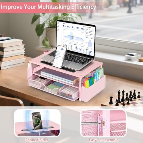 AUPSEN Pink Desk Organizers and Accessories, 2-Tier Wood Computer Monitor Stand with Drawer, Pen Storage & Phone Holder,