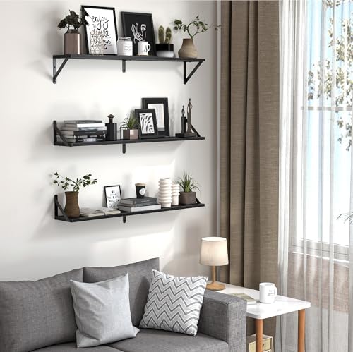 Heimlove Floating Shelves for Wall, 36 Inch Long Wood Floating Bookshelf Set of 3, Wall Mounted Hanging Shelf for Bathro