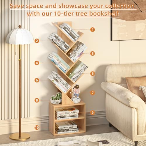 SHEEPAM 10-Tier Tree Bookshelf Floor Standing Narrow Space Storage Bookcase