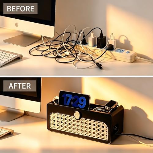 Black Faux Rattan Cable Management Box, Woven Power Strip Cover