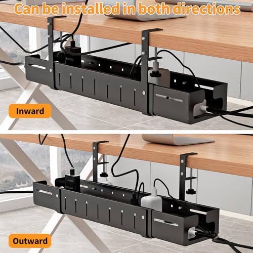 Under Desk Cable Management Tray, Expandable Length 25.2"-38.6",No Drill No Damage to Desk,Cable Tray with Clamp for wit