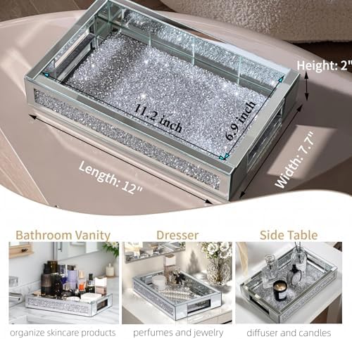 Rectangle Glass Tray with Handles for Dresser, Mirror Makeup Organizer Perfume Display, Crushed Diamond Home Decor Accen