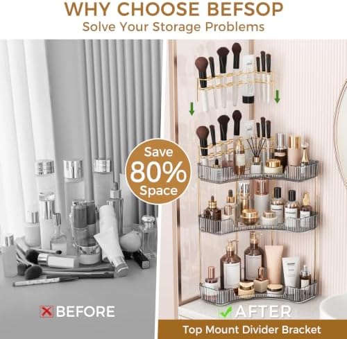 BEFSOP Corner Bathroom Counter Organizer, Upgraded 3-Tier Makeup Organizer Countertop with Makeup Brush Holder, Skincare