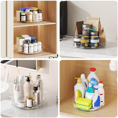 4 Pack 10 Inch Clear Lazy Susan Turntable Organizer for Cabinet, Non-Slip Acrylic Rotating Tray with Raised Edge, Spinni
