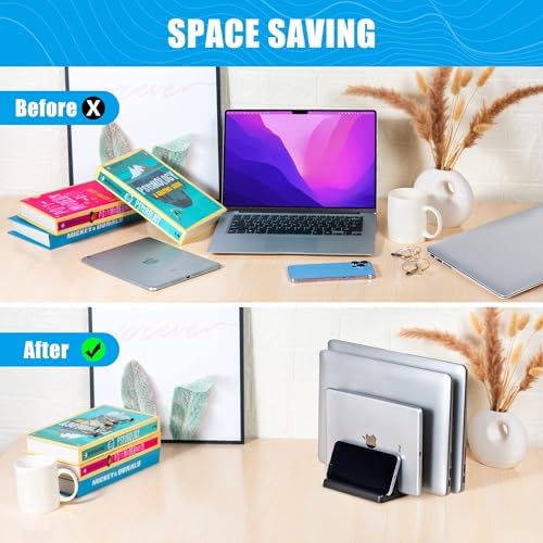 Ryvlan Vertical Laptop Stand, 3 Slot Adjustable Laptop Storage Rack and Desk Organizer, Silicone-Padded Holder for Multi