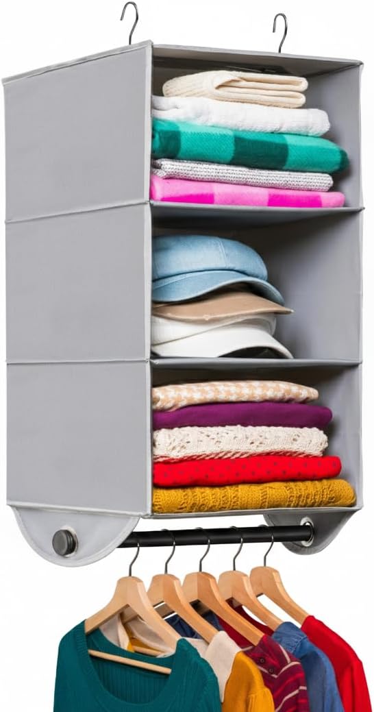 HOLDN’ STORAGE Hanging Closet Organizer with Garment Rod, 3-Shelf | Heavy Duty Hanging Shelves for Clothes, Sweaters & Shoes, 600D Fabric Storage Unit with Built-in Clothing Rod, Grey