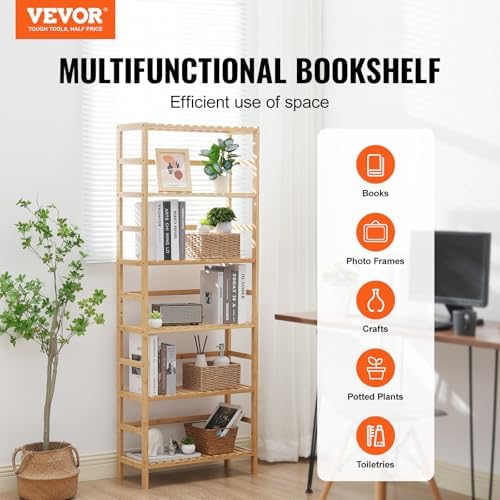 VEVOR 6-Tier Bamboo Shelf, Open Wood Bookshelf, Display Storage Rack Organizer, Freestanding Flower Plant Stand, Multifu