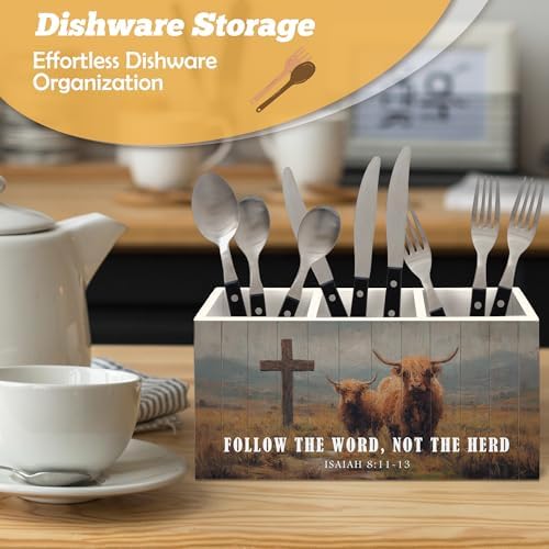 Christian Highland Cow Pen Holder Organizer for Desk Accessories, Follow the Word Not the Herd Bible Verse Rustic Highland Cow Wooden Box Sign Desk Decorations for Home Office Decor