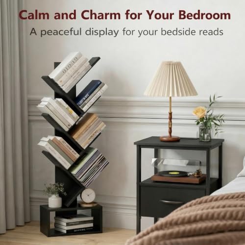 XBurmo 6 Tier Tree Bookshelf - Small Bookcase, Compact Book Tower with Drawer, Corner Bookshelf for Bedroom, Living Room