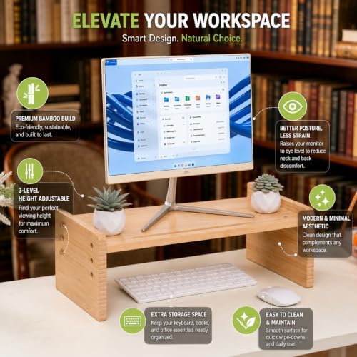 Bamboo Monitor Stand for Desk, 3-Level Adjustable Monitor Riser, Wooden Desktop Shelf Organizer, Portable and adjustable