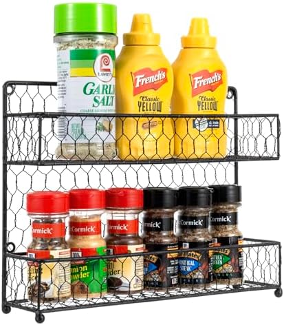 MyGift Spice Rack Wall Mount, Counter 2 Tier Spice Rack, over the Stove Seasoning Jar Storage Organizer, Black Metal Wir