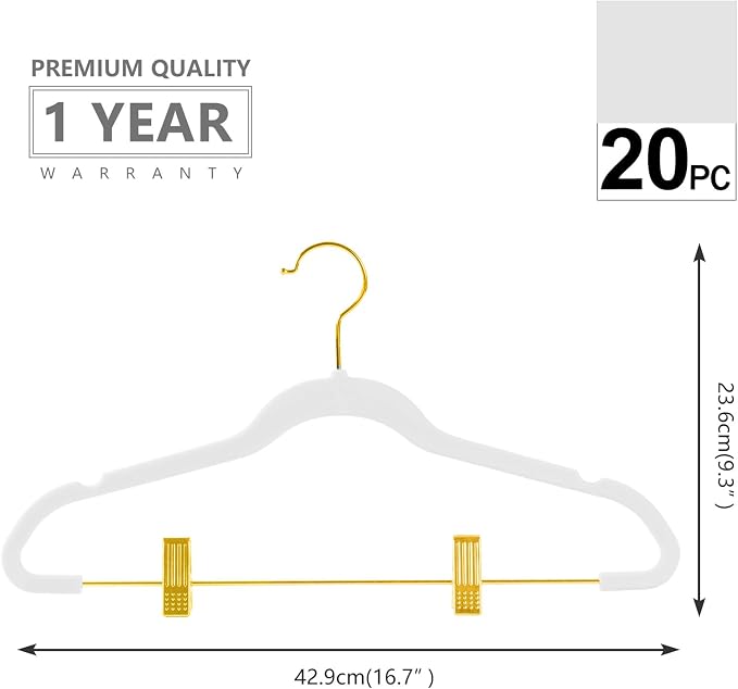 MIZGI Premium Velvet Pants Hangers with Adjustable Clips (Pack of 20) Slim Skirt Hangers- Non Slip Felt Outfit Dress Hangers White - Gold Hooks,Space Saving Shirt Clothes Hangers
