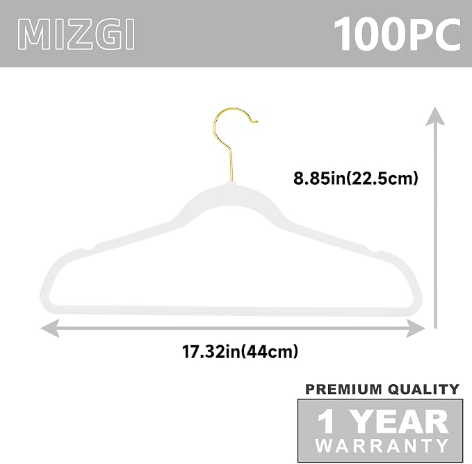 MIZGI Premium Velvet Hangers Pack 100 Pcs Heavyduty - Non Slip Slimline - Velvet Suit Hangers White - Gold Hooks,Space Saving Clothes Hangers