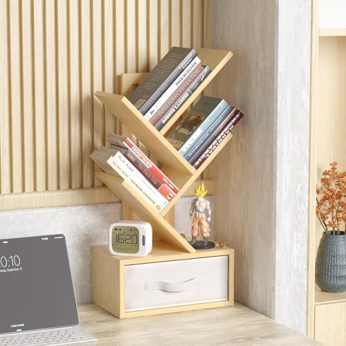 SHEEPAM 4-Tier Tree Bookshelf Small Bookcase with Drawer