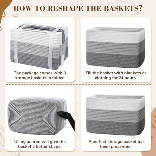 Baskets for Organizing,Storage Baskets,3 Pack Baskets for Shelfves,15"×10"×9" Woven Grey Basket,toy storage bins,bins for organization