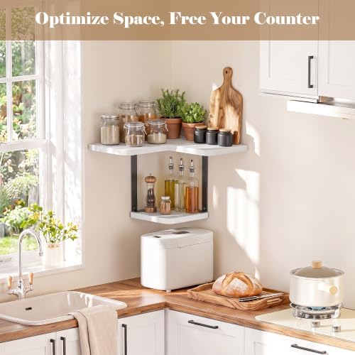 SRIWATANA 2-Tier Corner Shelf, Rustic Wood Storage Display Shelf, White