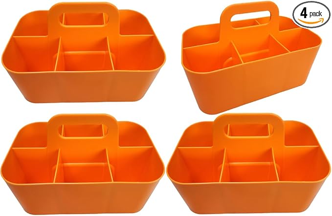 Small Stackable Plastic Caddy with Handle 6 Compartment | Desk, Makeup, Dorm Caddy, Classroom Art Organizers - 4 Pack, Made In USA (Orange)