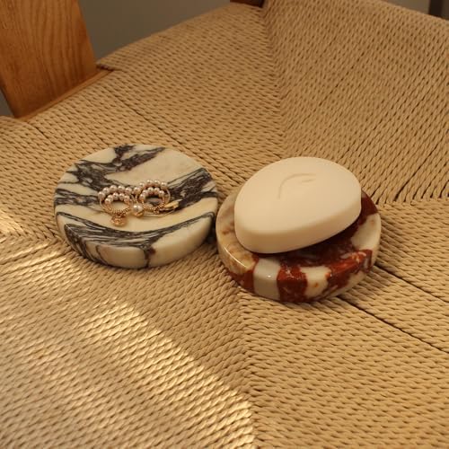 Natural Calacatta Red Marble Soap Dish, Round Small Jewelry Dish, Sponge Holder for Bathroom, Kitchen