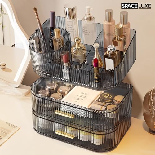 Large Makeup Organizer with Drawers, 360° Rotating Brush Holder