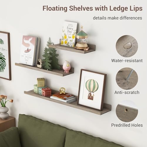 Axeman Picture Ledge Shelf, 16 Inch Grey Floating Shelves Set of 3