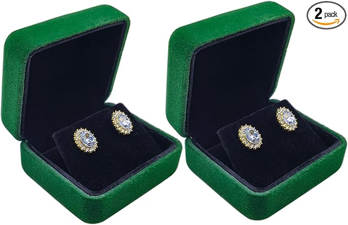 2 Pieces Velvet Earring Box,Stud Earring Gift Box,Jewelry Display Case for Proposal,Engagement,Wedding and Birthday,Green