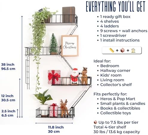 Fire Escape Shelf, 4 Tier Floating Ladder Shelf for Wall Decor & Storage
