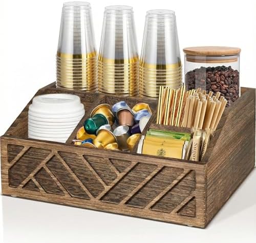 ugiftt Coffee Station Organizer for Counter, Wood Pods Holder Storage Basket, Tea Condiment Storage Organizer, Rustic Co