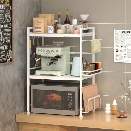 Expandable Microwave Stand Kitchen Countertop Organizer With Storage, White