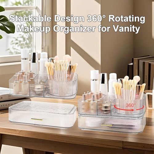 DASITON Makeup Organizer with Drawers and Rotating Makeup Brush Holder,Large Capacity Stackable Cosmetic Organizer Count
