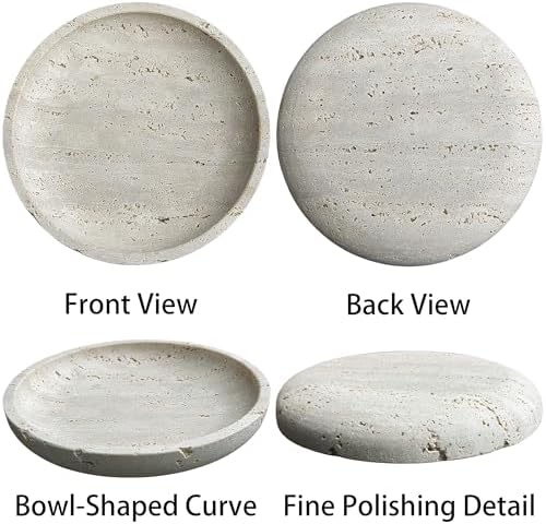 Natural Travertine Round Decorative Tray - 8-inch Beige Stone Vanity Bowl, Anti-Slip Organizer Plate for Bathroom, Kitch