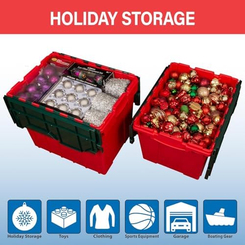 Akro-Mils KeepBox 12 Gal Storage Box, Lid Attached, Stackable, Red/Green