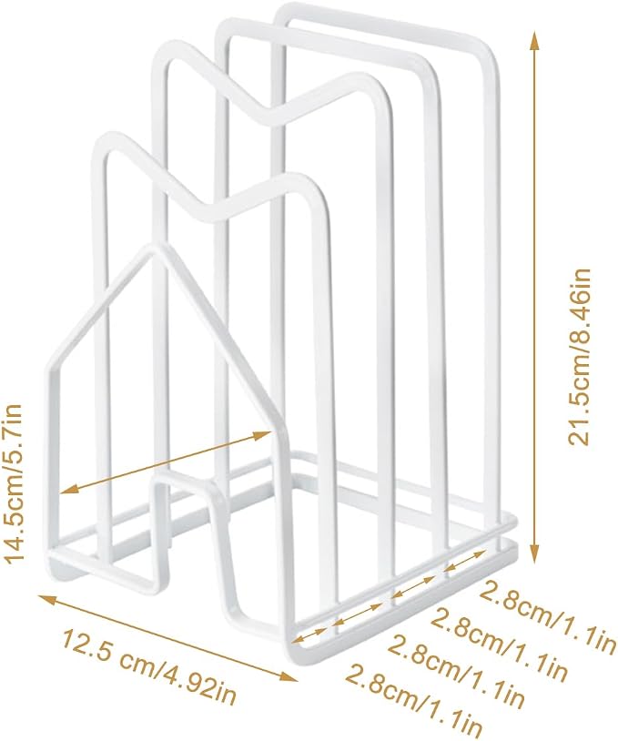 SUNFICON Cutting Board Rack Chopping Board Organizer Pot Pan Lids Holder Thin Bakeware Baking Tray Drying Display Stand Kitchen Countertop Cupboards Cabinet Office Sturdy Metal 4.92x5.7x8.47 in.White