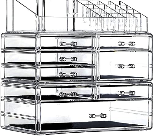 Cq acrylic 3 Pack Clear Make Up Organizer Countertop,Stackable 8 Drawers Makeup Storage,Cute Vanity Organizers for Dress