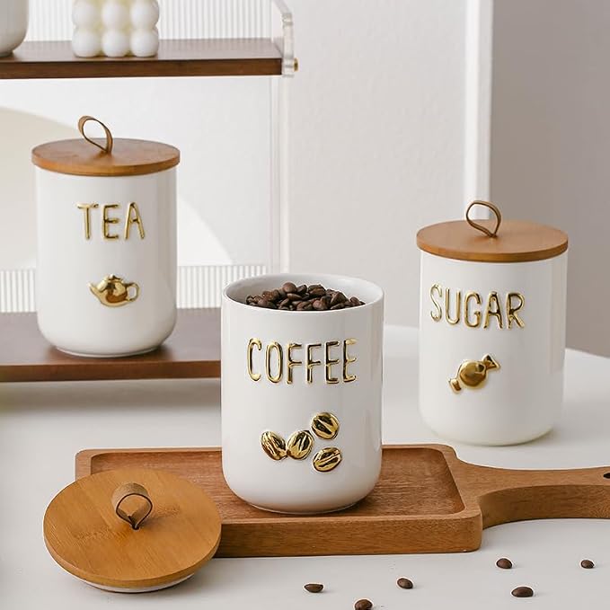 Simcat 27oz Ceramic Canister Set with Airtight Seal Bamboo Lid and Silicone Seal Damp-Proof Kitchen Jar Tea Coffee Sugar Canister Set Food Storage Containers (Three piece)