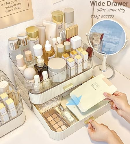 Makeup Organizer with Wide Drawer for Vanity, Stackable Cosmetic Organizer Countertop, Clear Skincare Storage for Bathro