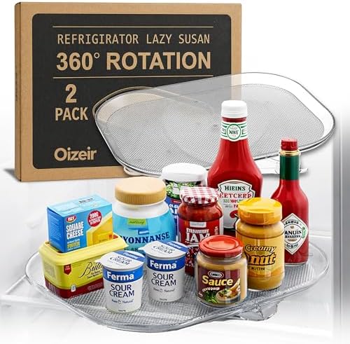 Oizeir Refrigerator Lazy Susan (2PK) - Clear Rectangular Fridge Organizer - Turntable Tray Lazy Susan for Refrigerator -