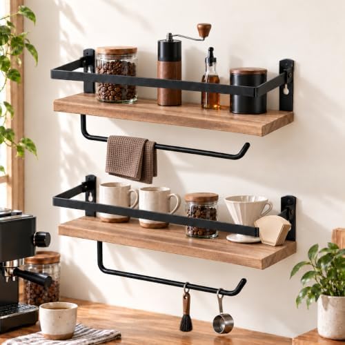 PHUNAYA Kitchen Floating Shelves, Paulownia, Carbonized Black, Set of 2