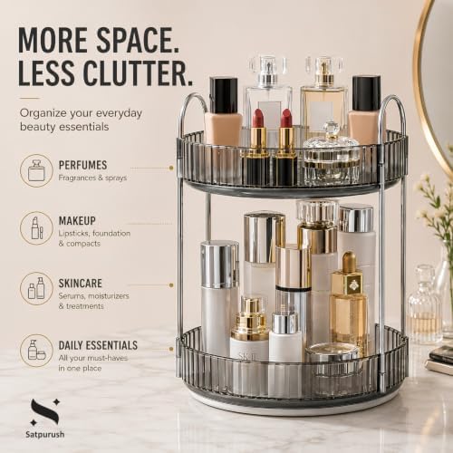360° Rotating Makeup Organizer, 2 Tier Spinning Cosmetic Organizer for Vanity & Bathroom Countertop, Holds Tall Skincare