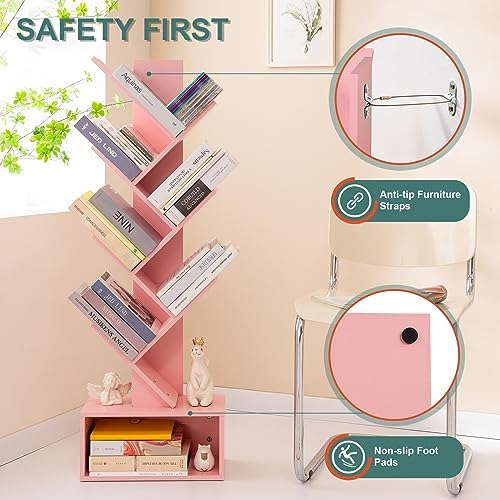 Yoobure Tree Bookshelf - 6 Shelf Retro Floor Standing Bookcase, Tall Wood Book Storage Rack for CDs/Movies/Books, Utilit